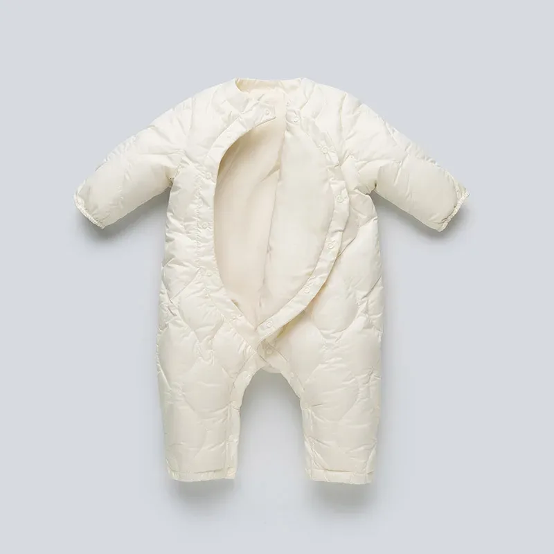 Baby Diamond-Quilted Down Romper — Creamy White, open, showing the lining