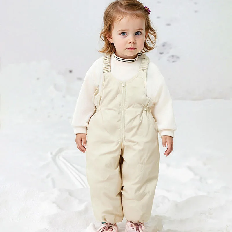 Baby & Toddler Down Bib Pants — 5 Colourways — Rice White, worn in the snow
