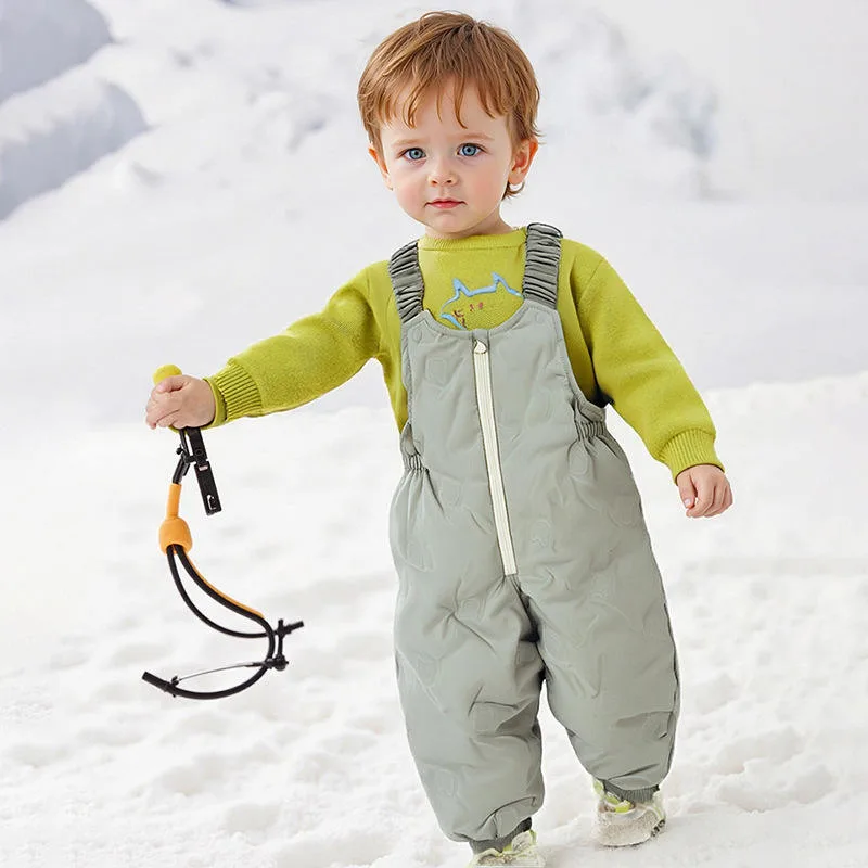 Baby & Toddler Down Bib Pants — 5 Colourways — Grey, worn in the snow