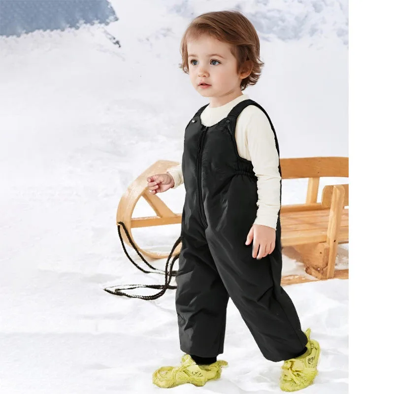 Baby & Toddler Down Bib Pants — 5 Colourways — Black, worn in the snow