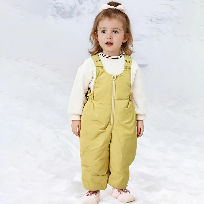 Baby & Toddler Down Bib Pants — 5 Colourways — Yellow, worn in the snow