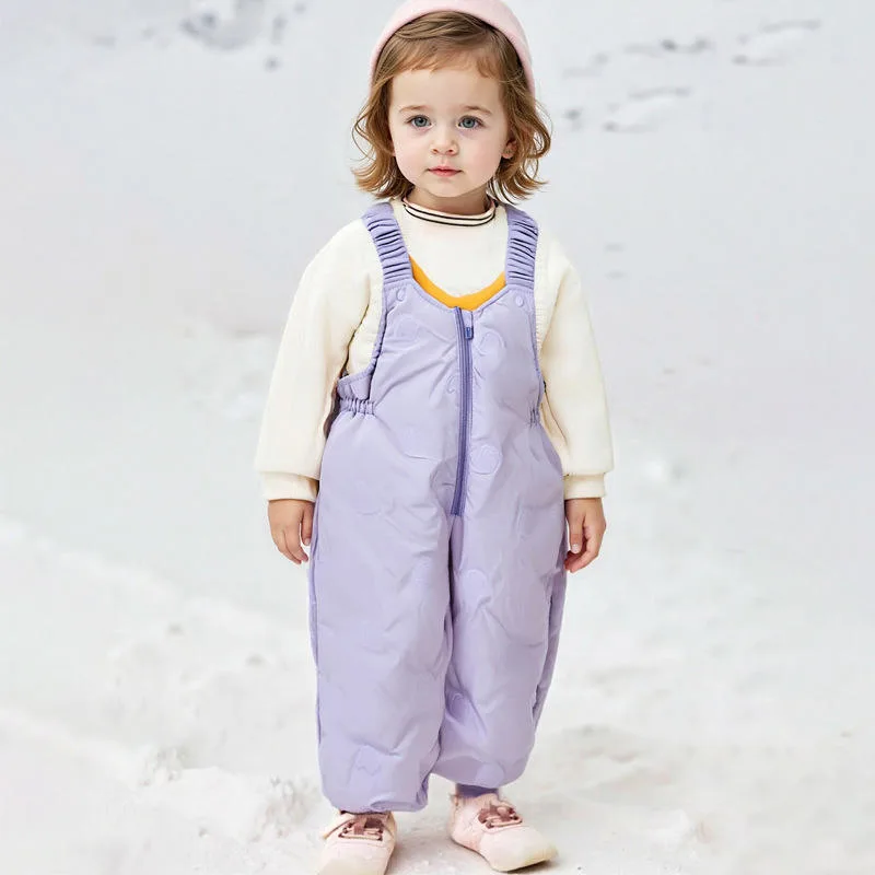 Baby & Toddler Down Bib Pants — 5 Colourways — Purple, worn in the snow