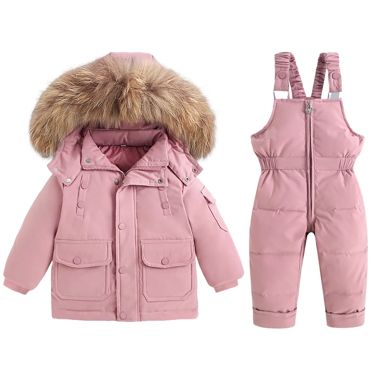 Toddlers' down jacket and overalls set — Pink, full set front