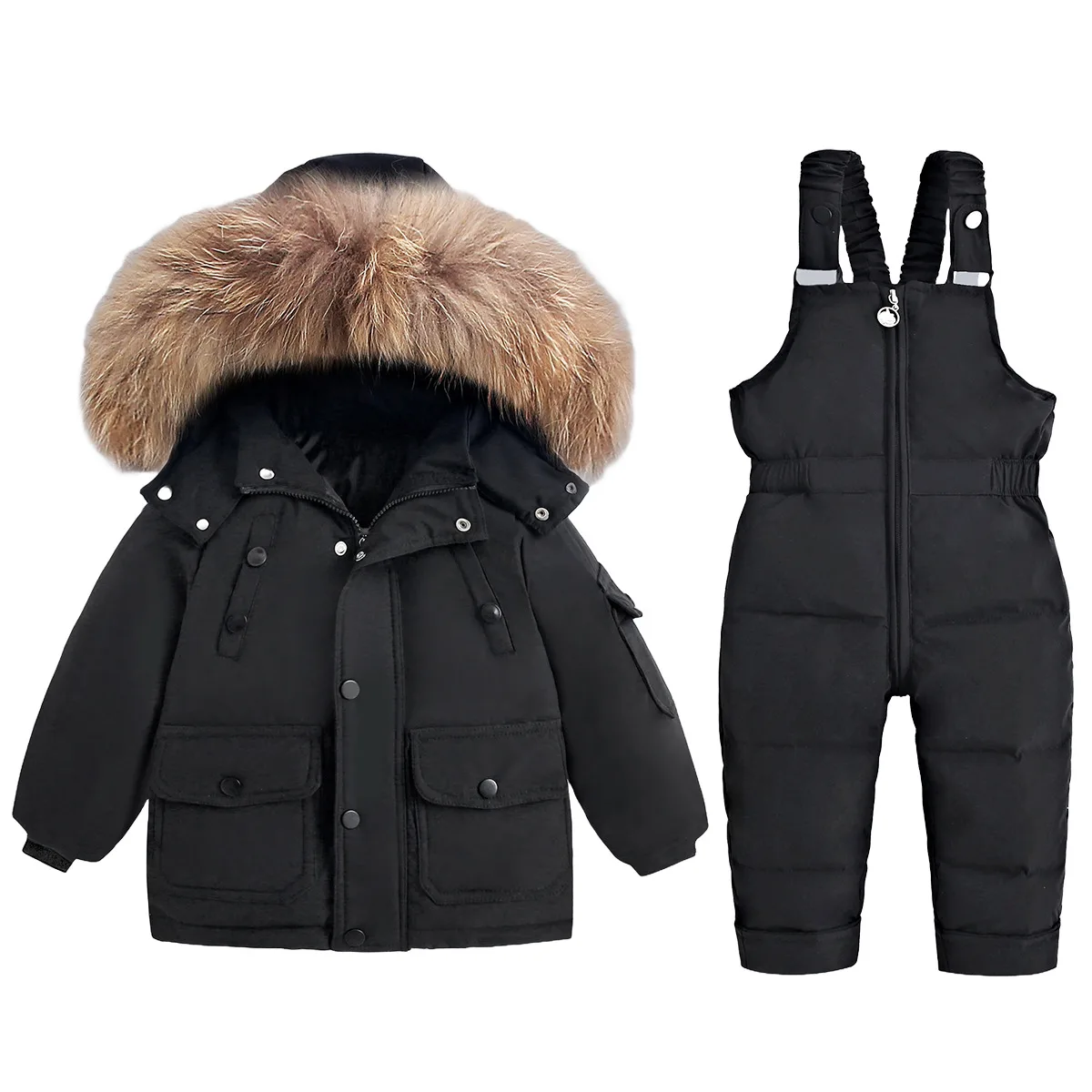 Toddlers' down jacket and overalls set — Black, full set front