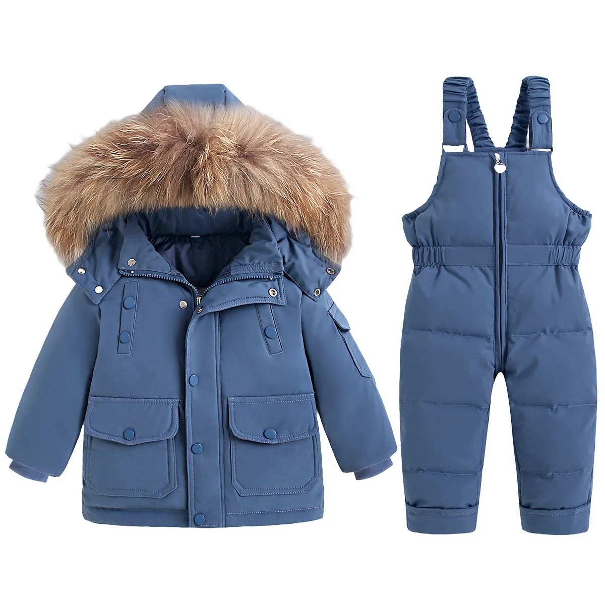 Toddlers' down jacket and overalls set — Blue, full set front