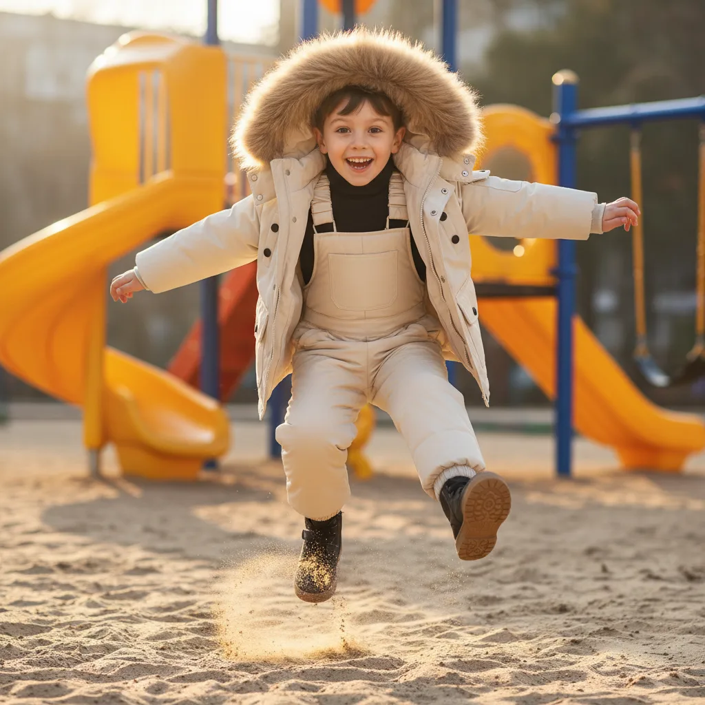 Toddlers' down jacket and overalls set — Cream White, on model jumping