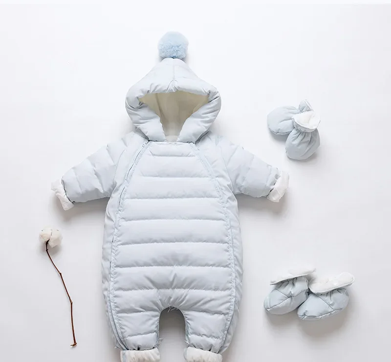 Baby down one-piece romper — Light Blue, with booties & mittens