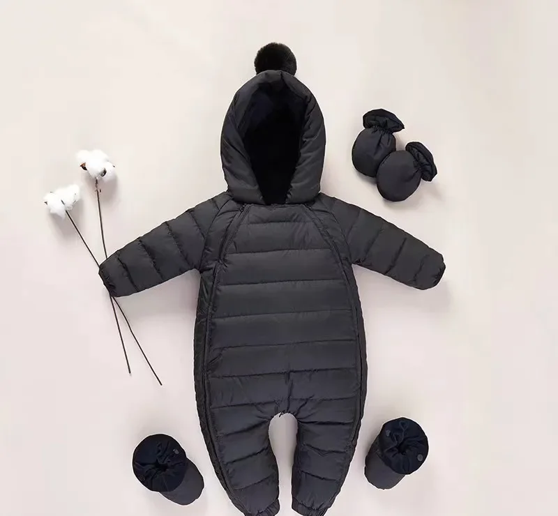 Baby down one-piece romper — Black, with booties & mittens