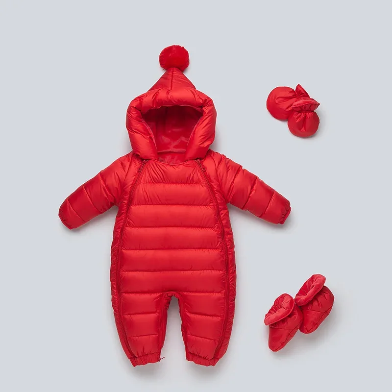 Baby down one-piece romper — Red, with booties