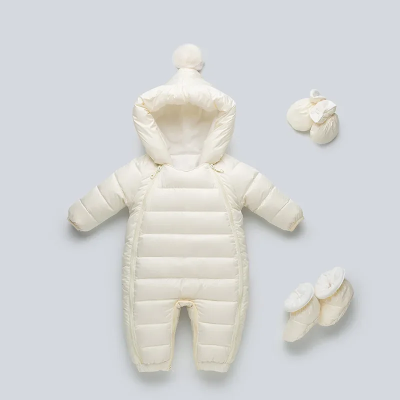 Baby down one-piece romper — Creamy White, with booties