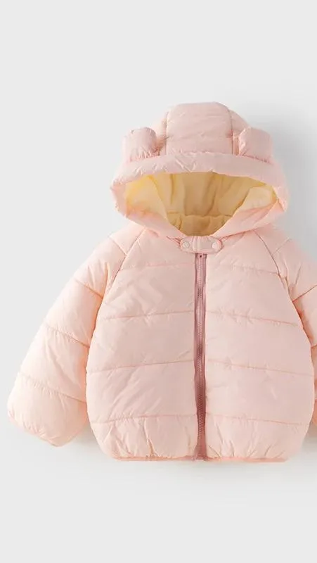 Baby Padded Coat — Ear Hood — Pink, front