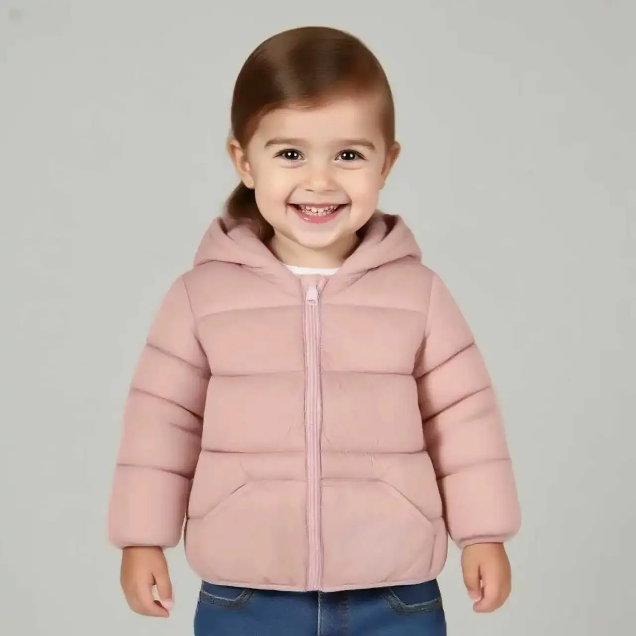 Baby Puffer Jacket — Bear-Ear Hood — Pink, worn, hood down
