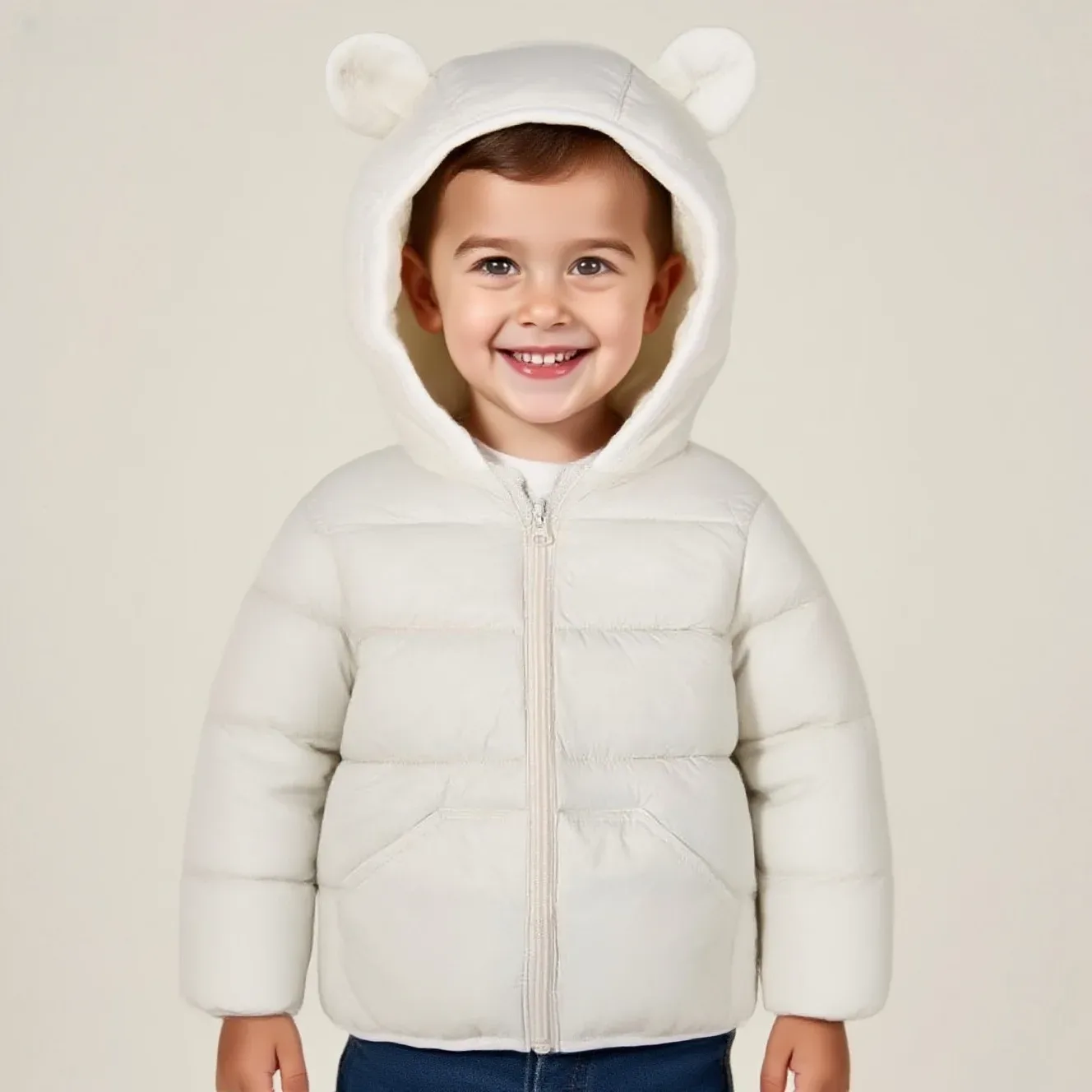 Baby Puffer Jacket — Bear-Ear Hood — White, worn, hood up