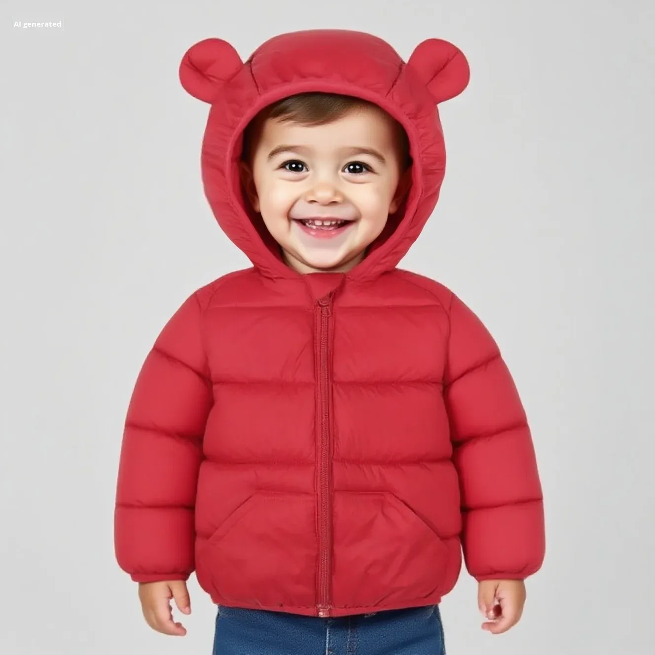 Baby Puffer Jacket — Bear-Ear Hood — Red, worn, hood up
