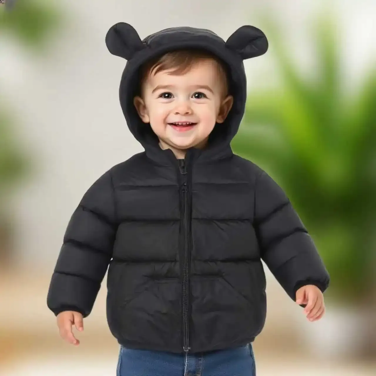 Baby Puffer Jacket — Bear-Ear Hood — Black, worn, hood up