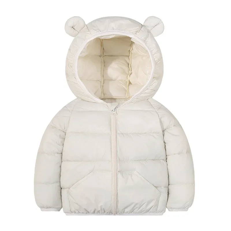 Baby Puffer Jacket — Bear-Ear Hood — White, flat front