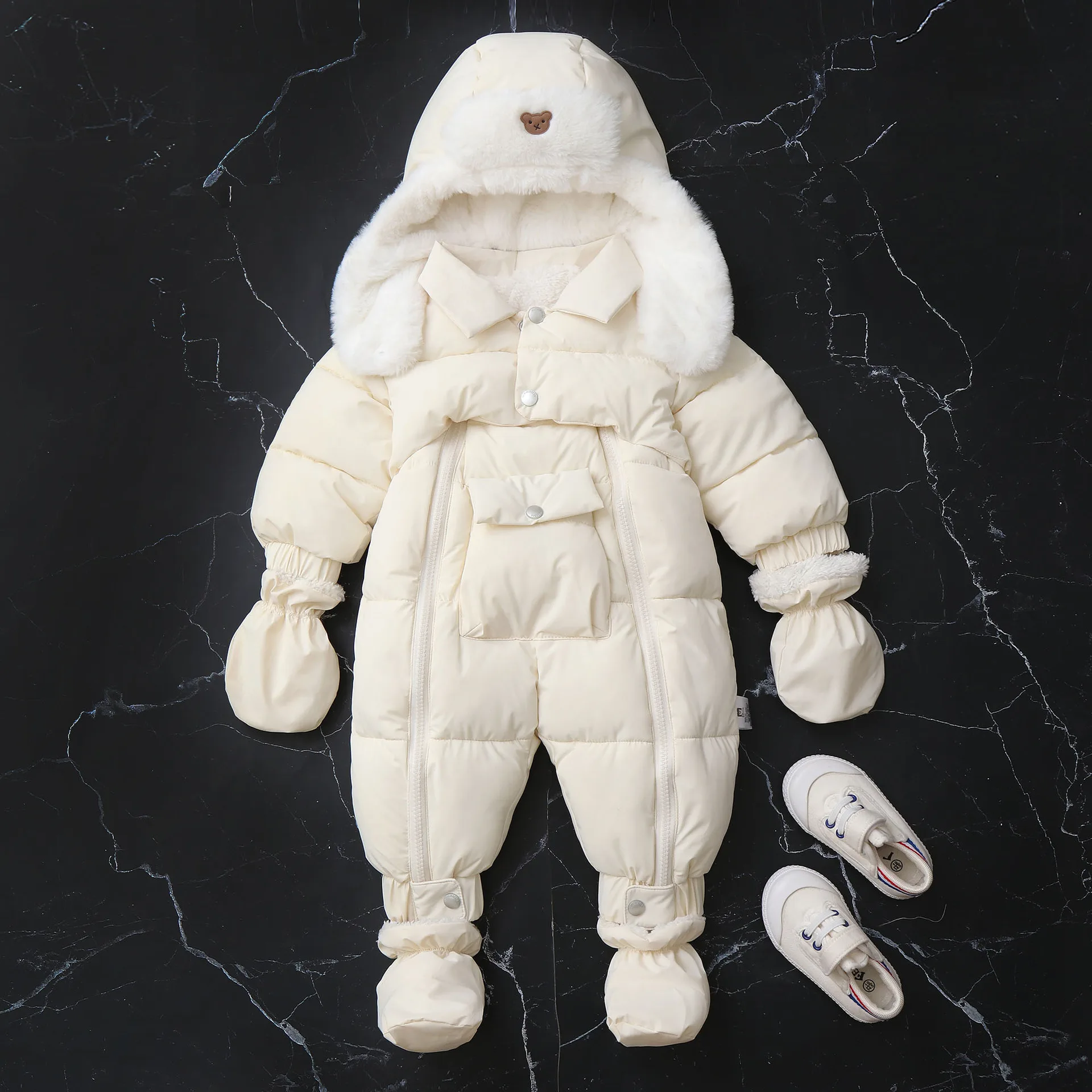 Baby padded jumpsuit with ear-flap hat — Cream White, front