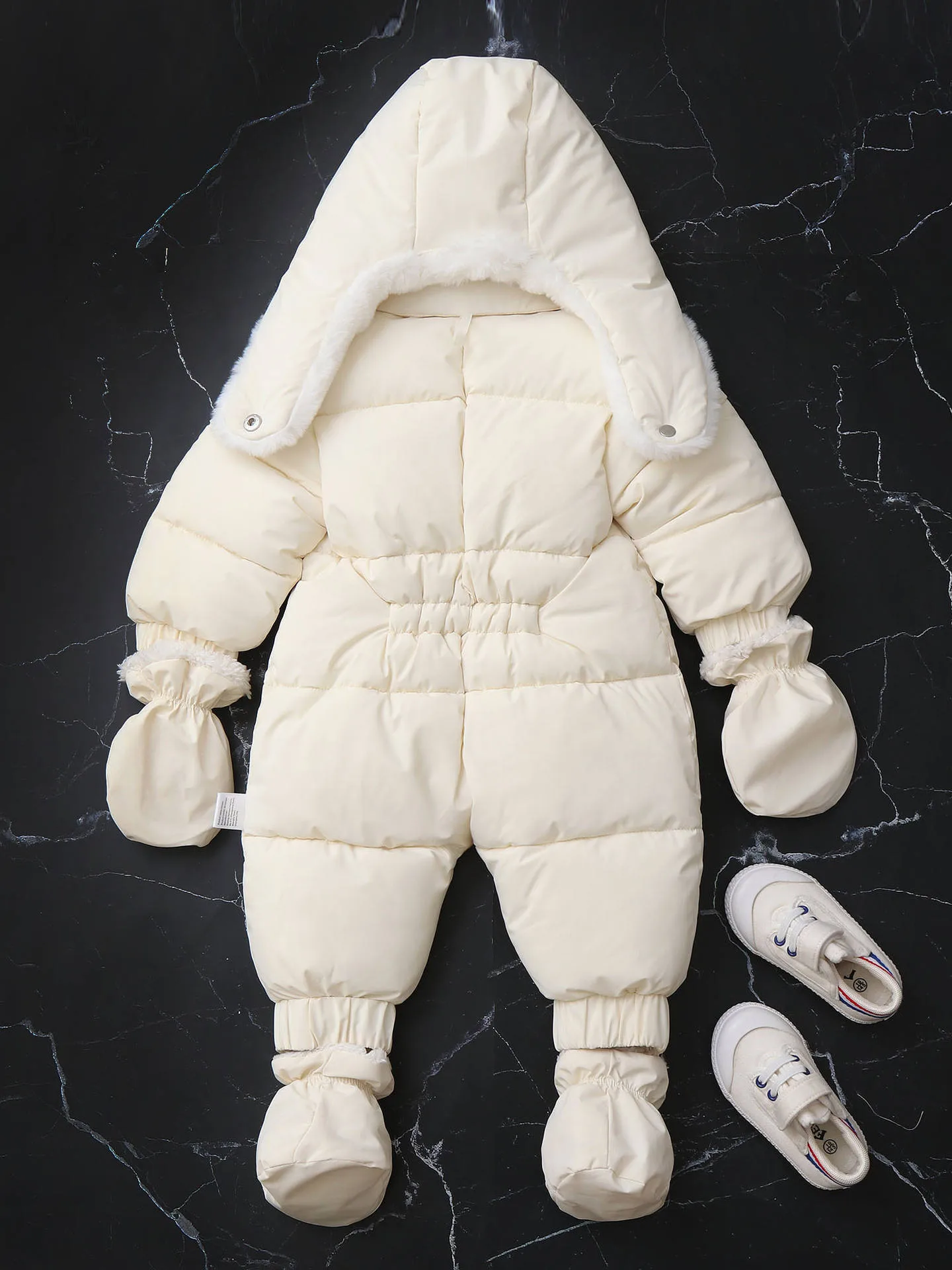 Baby padded jumpsuit with ear-flap hat — Cream White, back