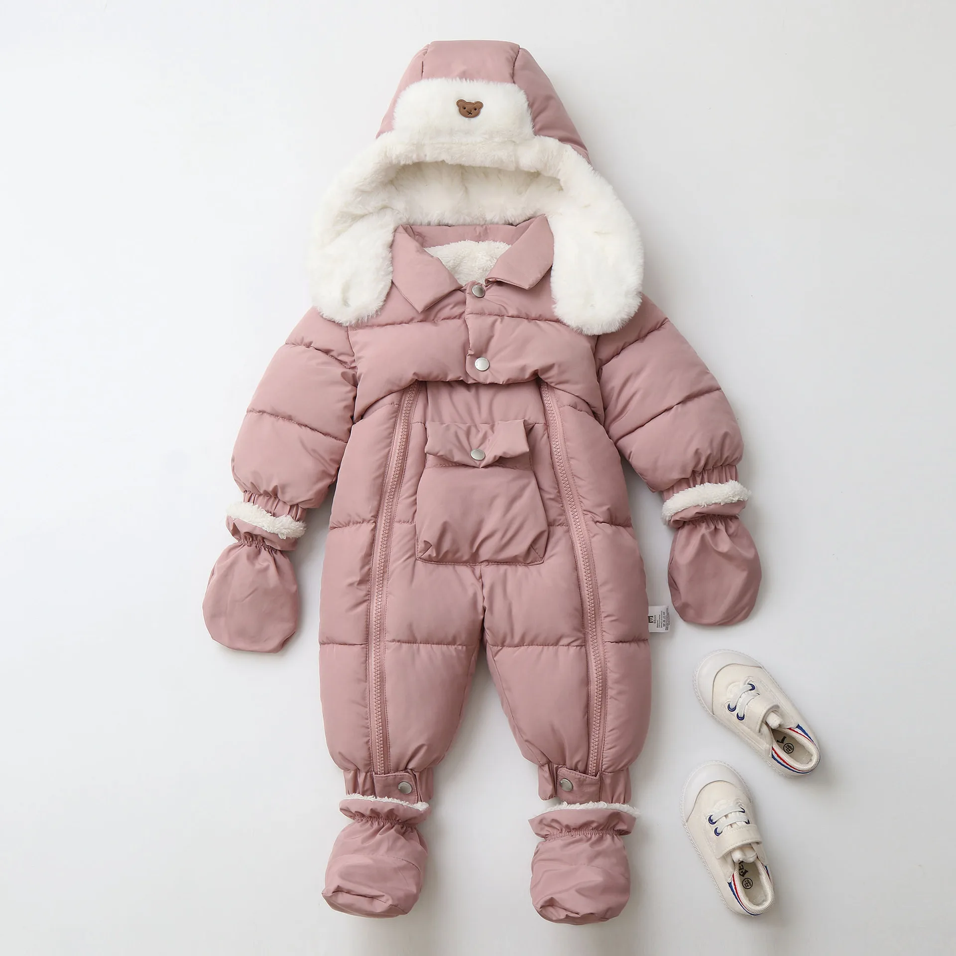 Baby padded jumpsuit with ear-flap hat — Pink, front