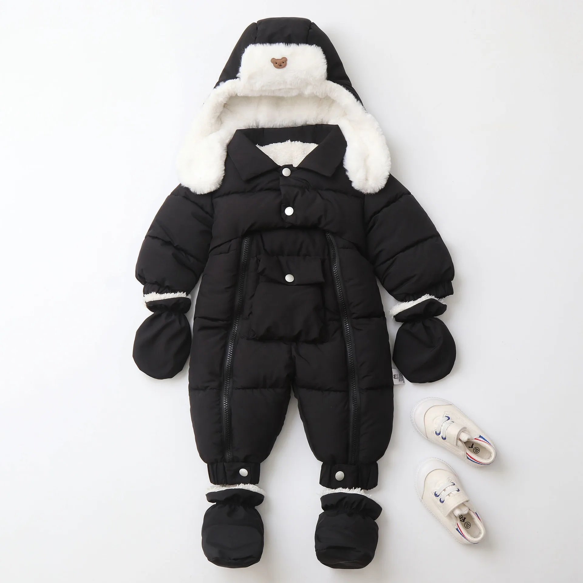 Baby padded jumpsuit with ear-flap hat — Black, front