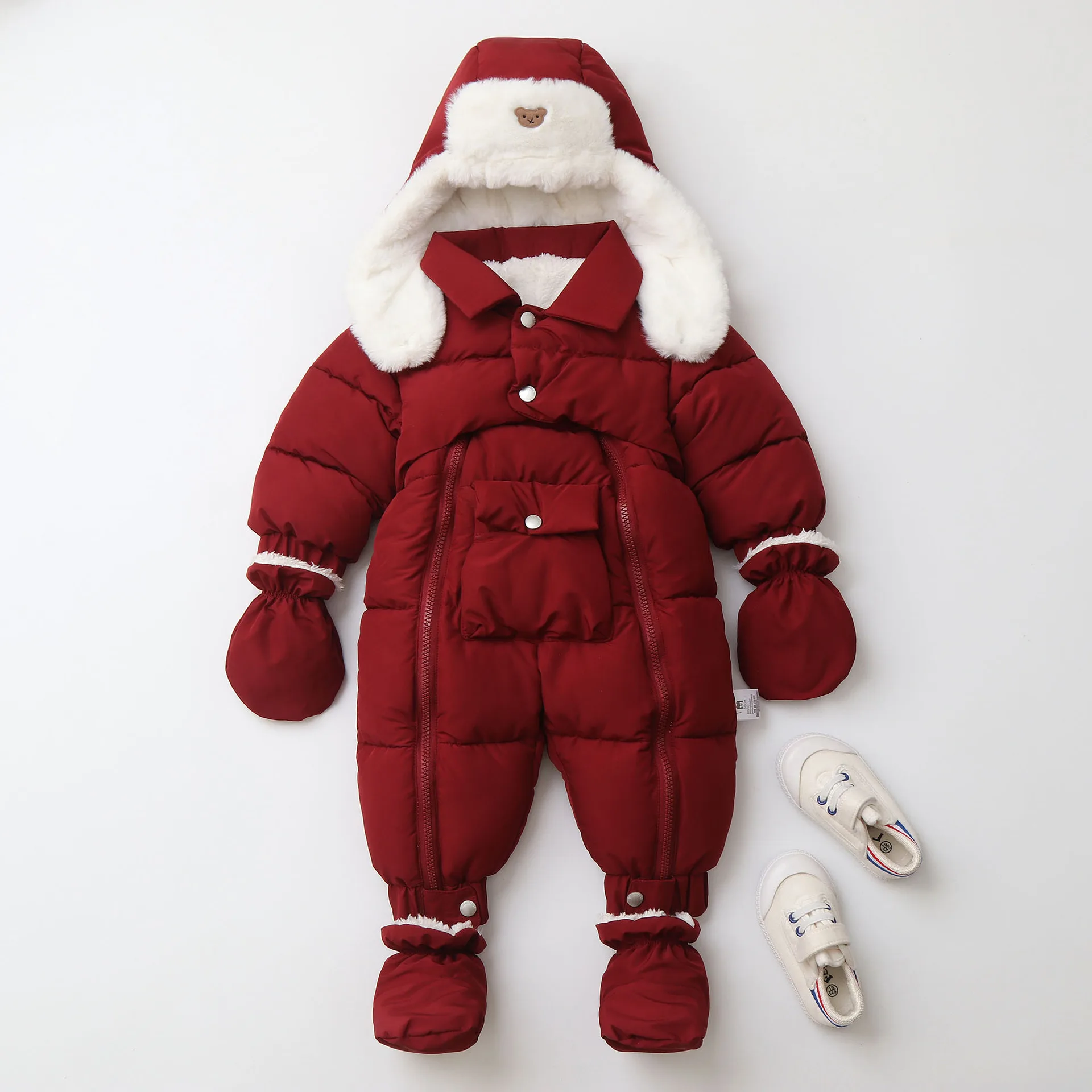 Baby padded jumpsuit with ear-flap hat — Burgundy, front