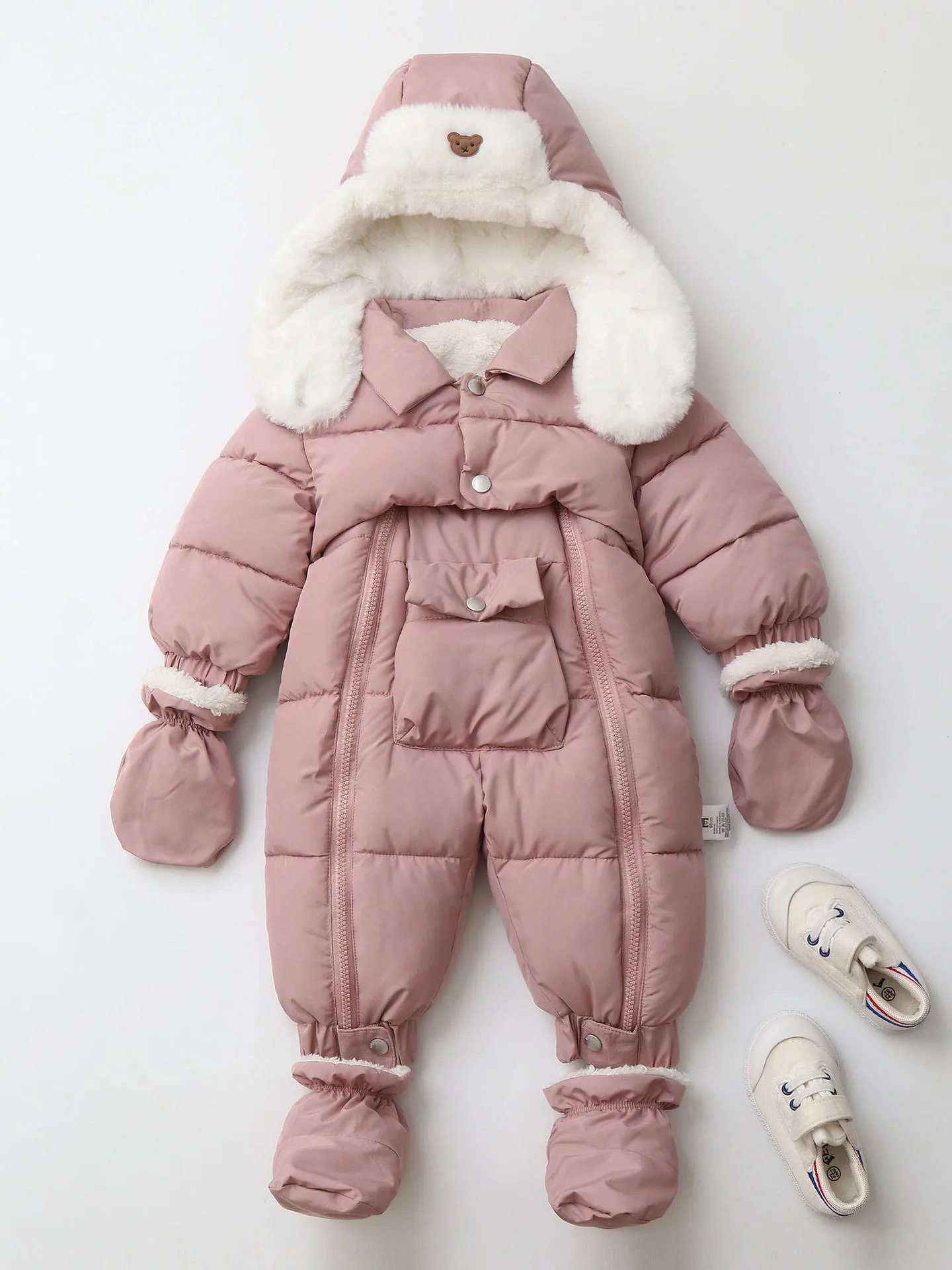 Baby padded jumpsuit with ear-flap hat — Pink, flat lay