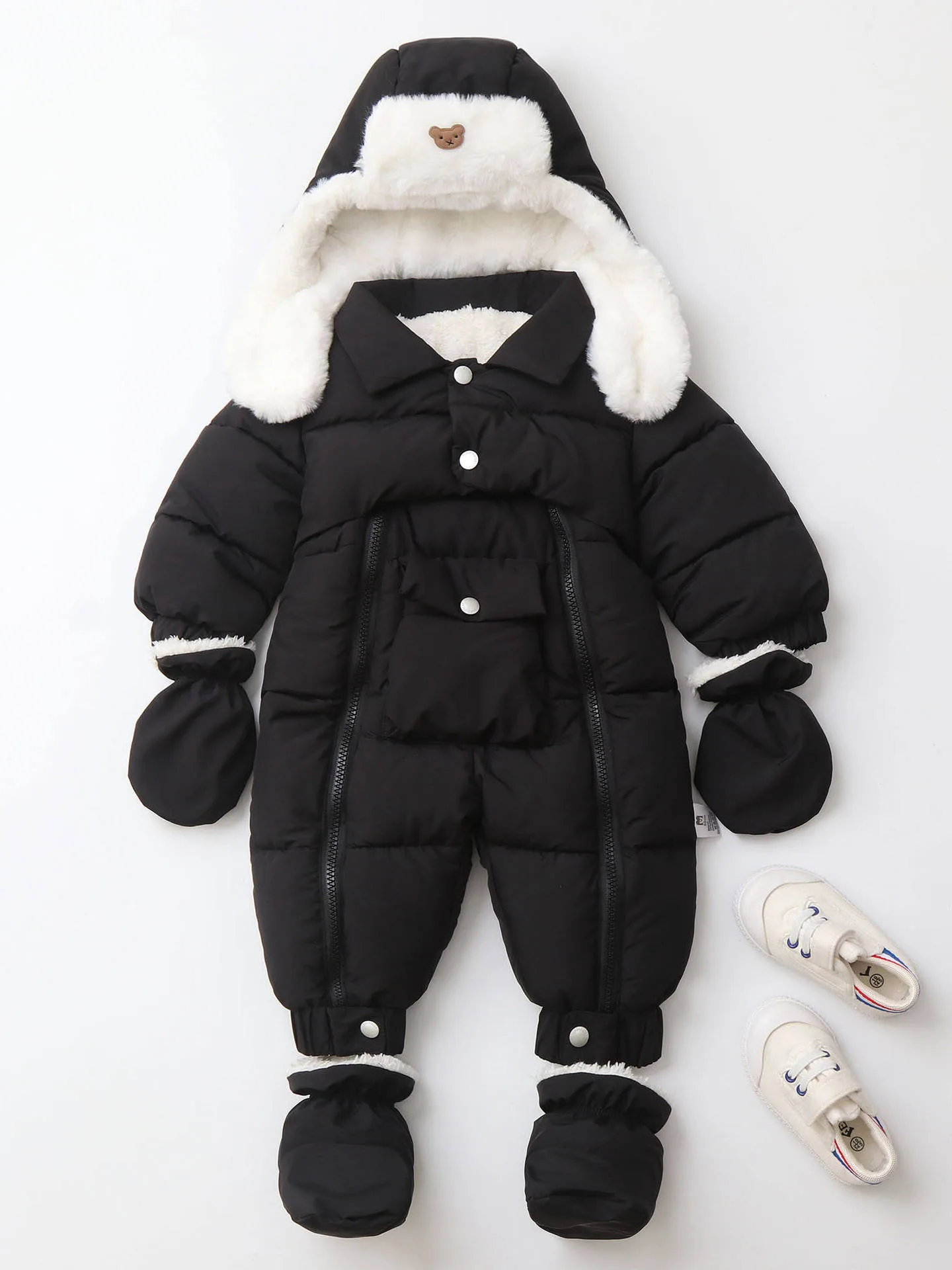 Baby padded jumpsuit with ear-flap hat — Black, flat lay