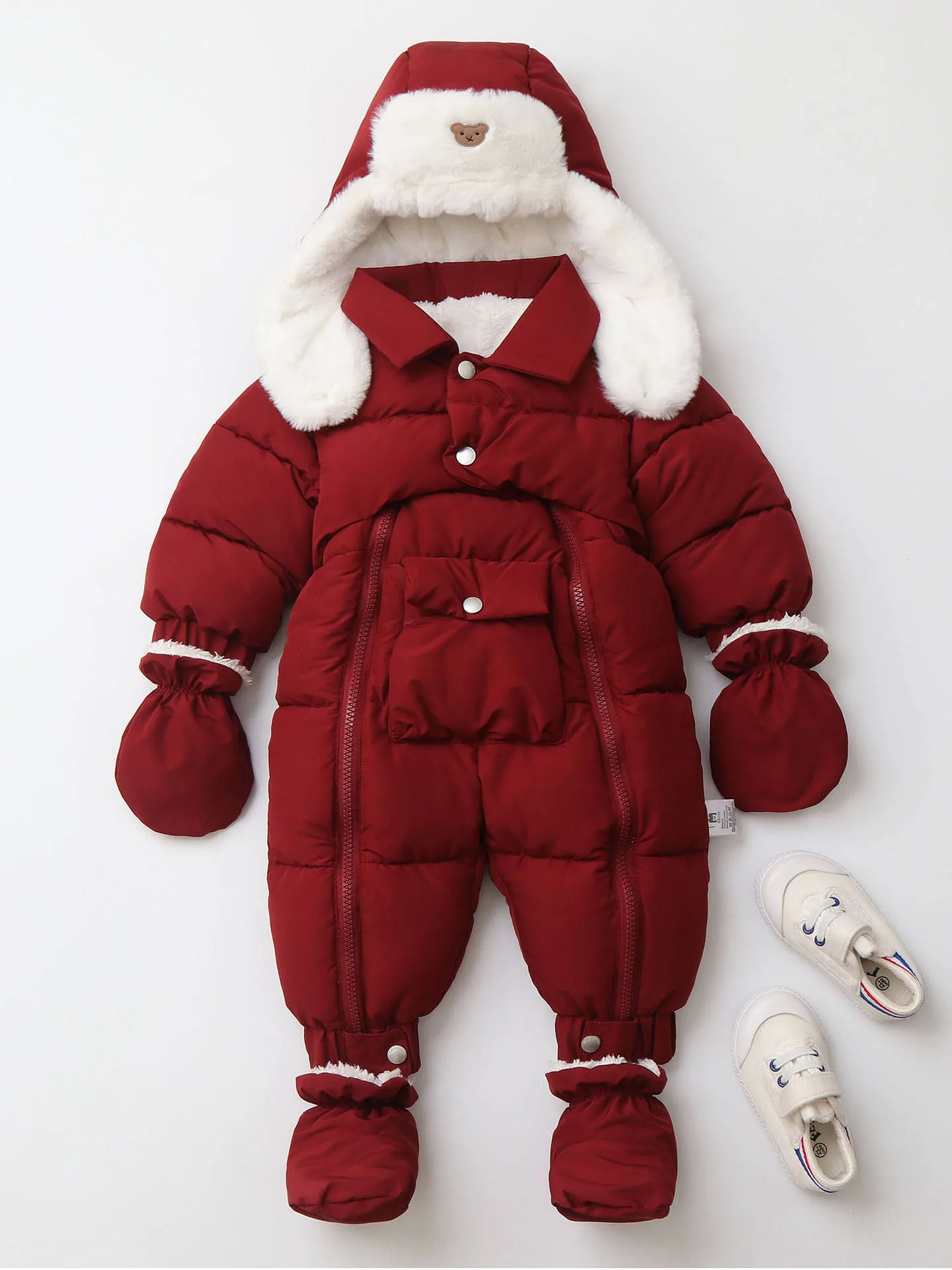 Baby padded jumpsuit with ear-flap hat — Burgundy, flat lay