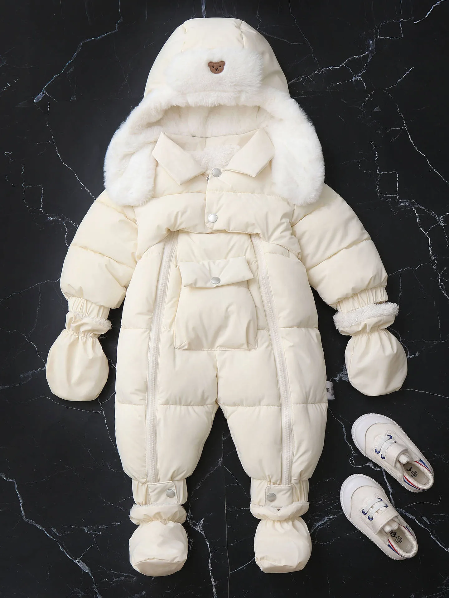 Baby padded jumpsuit with ear-flap hat — Cream White, flat lay