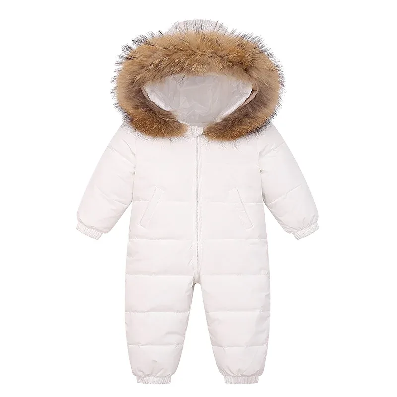 Baby Down Jumpsuit — Faux-Fur Hood — White, front