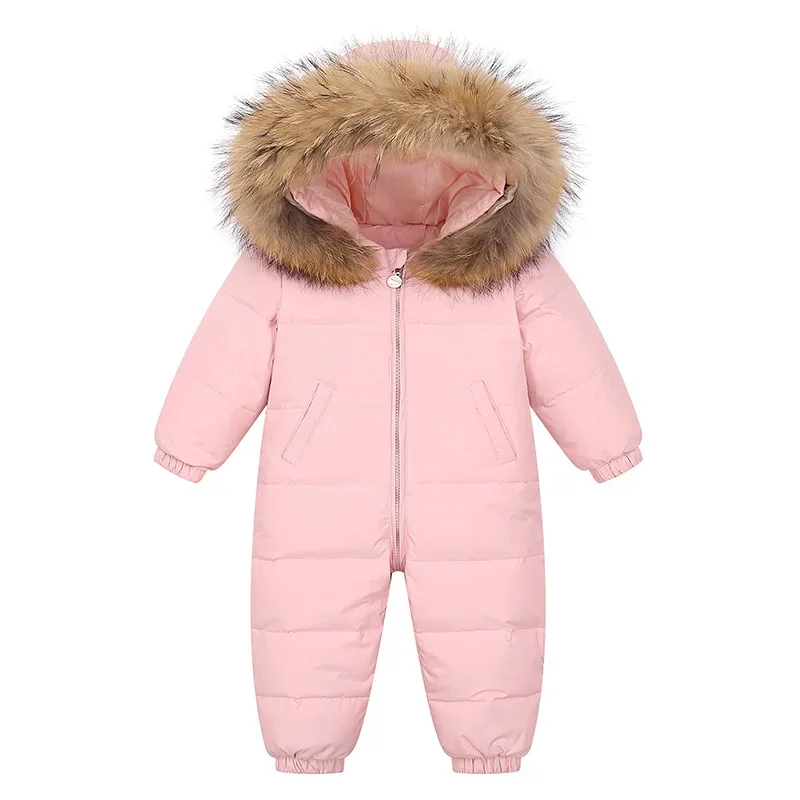 Baby Down Jumpsuit — Faux-Fur Hood — Pink, front