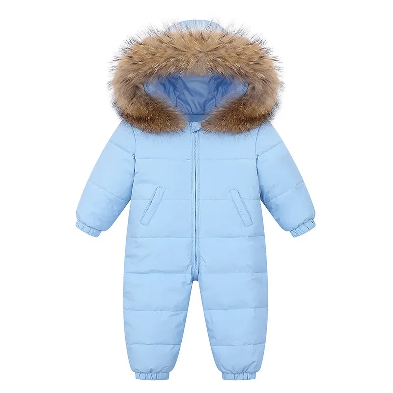 Baby Down Jumpsuit — Faux-Fur Hood — Light Blue, front