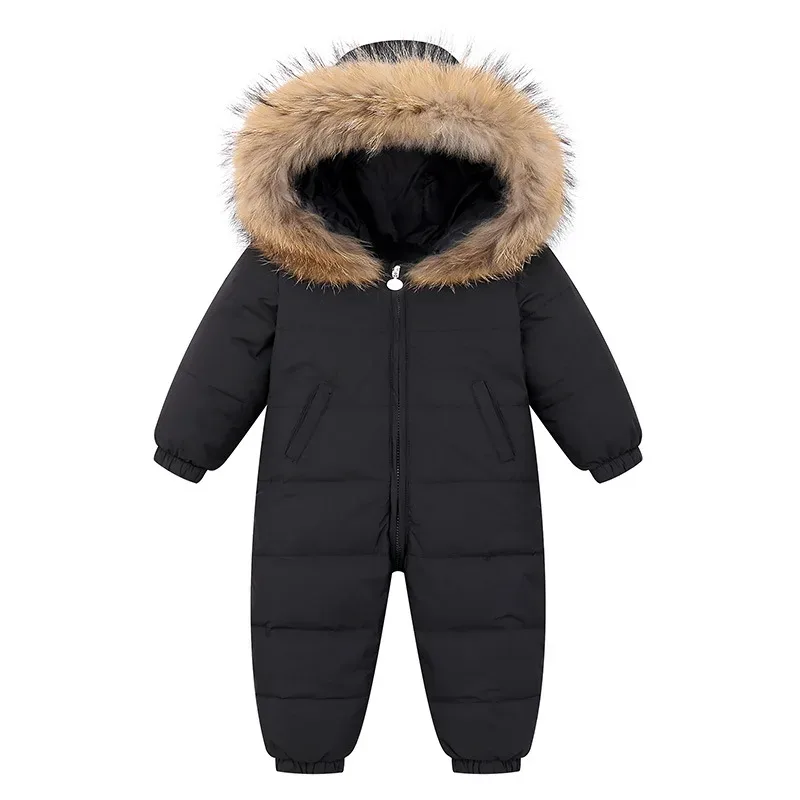 Baby Down Jumpsuit — Faux-Fur Hood — Black, front