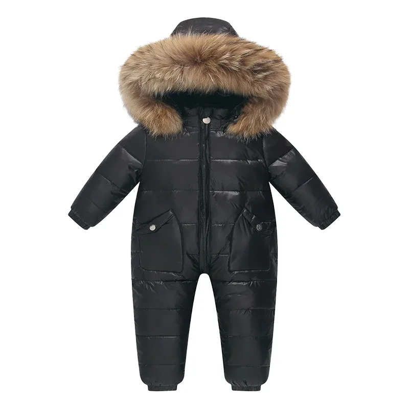 Baby Down Jumpsuit — Fur-Trim Hood — Black, front