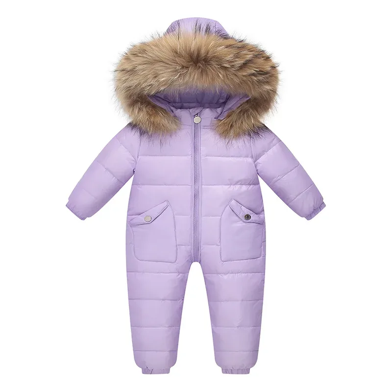 Baby Down Jumpsuit — Fur-Trim Hood — Purple, front