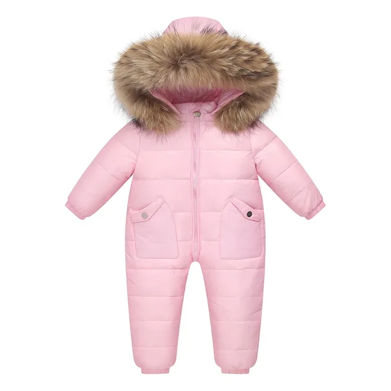 Baby Down Jumpsuit — Fur-Trim Hood — Pink, front