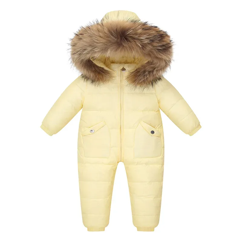 Baby Down Jumpsuit — Fur-Trim Hood — Yellow, front