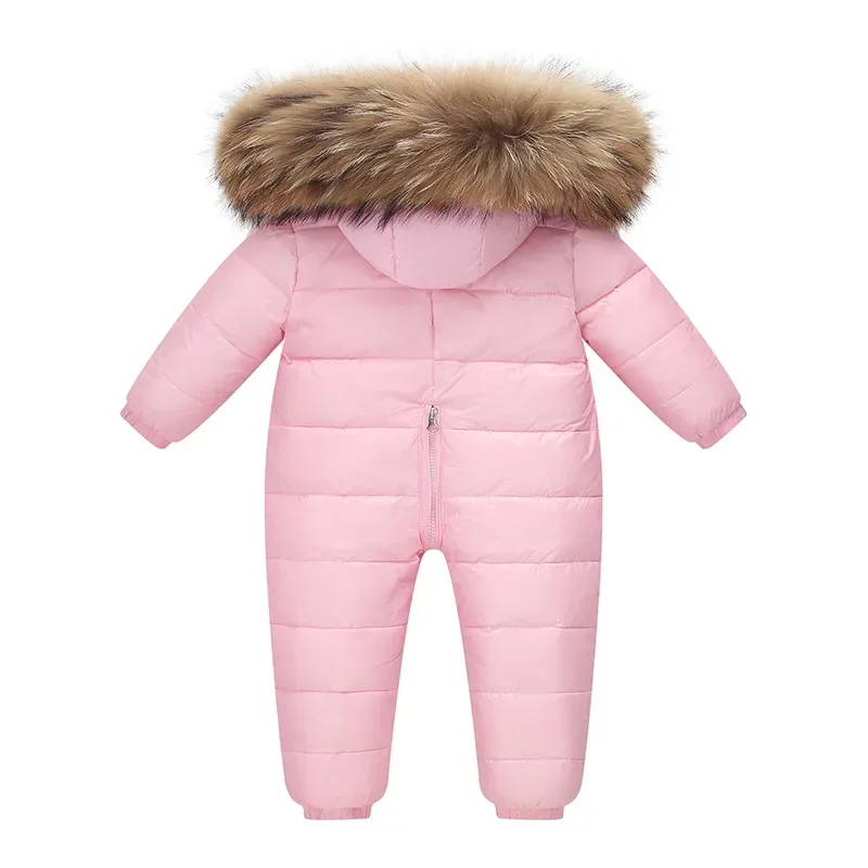 Baby Down Jumpsuit — Fur-Trim Hood — Pink, back