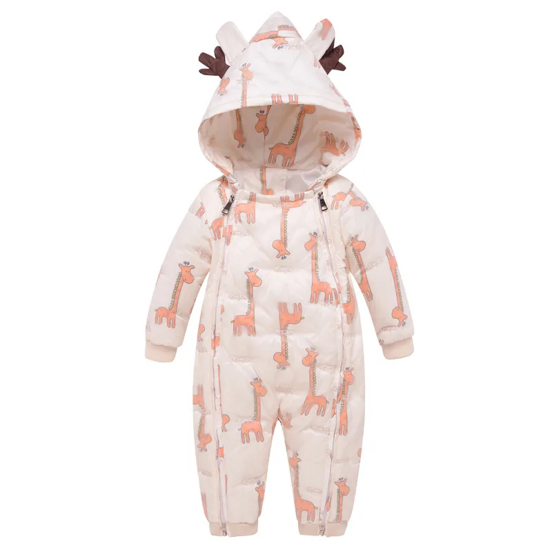 Baby down jumpsuit — Giraffe Print, front