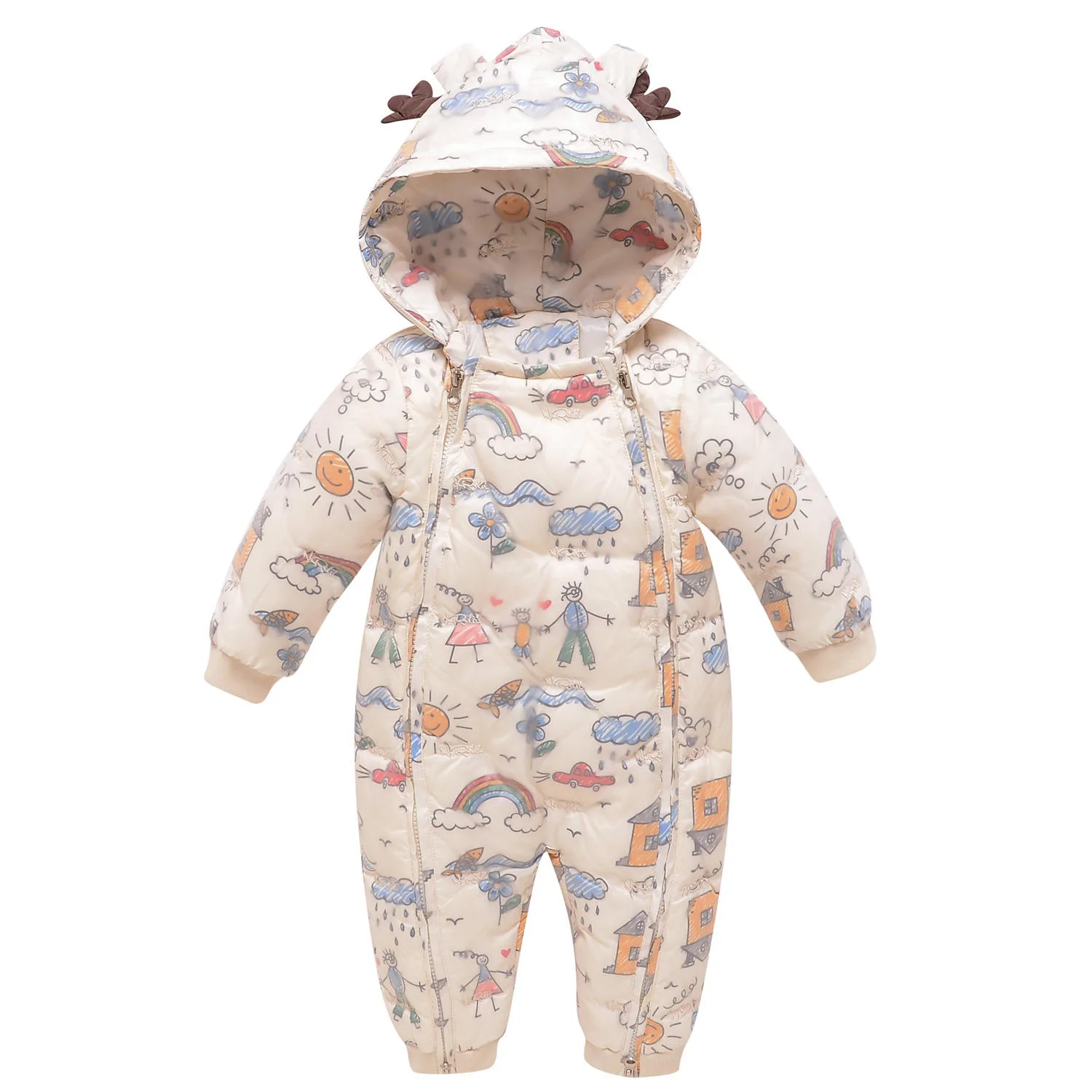 Baby down jumpsuit — Rainbow Print, front detail