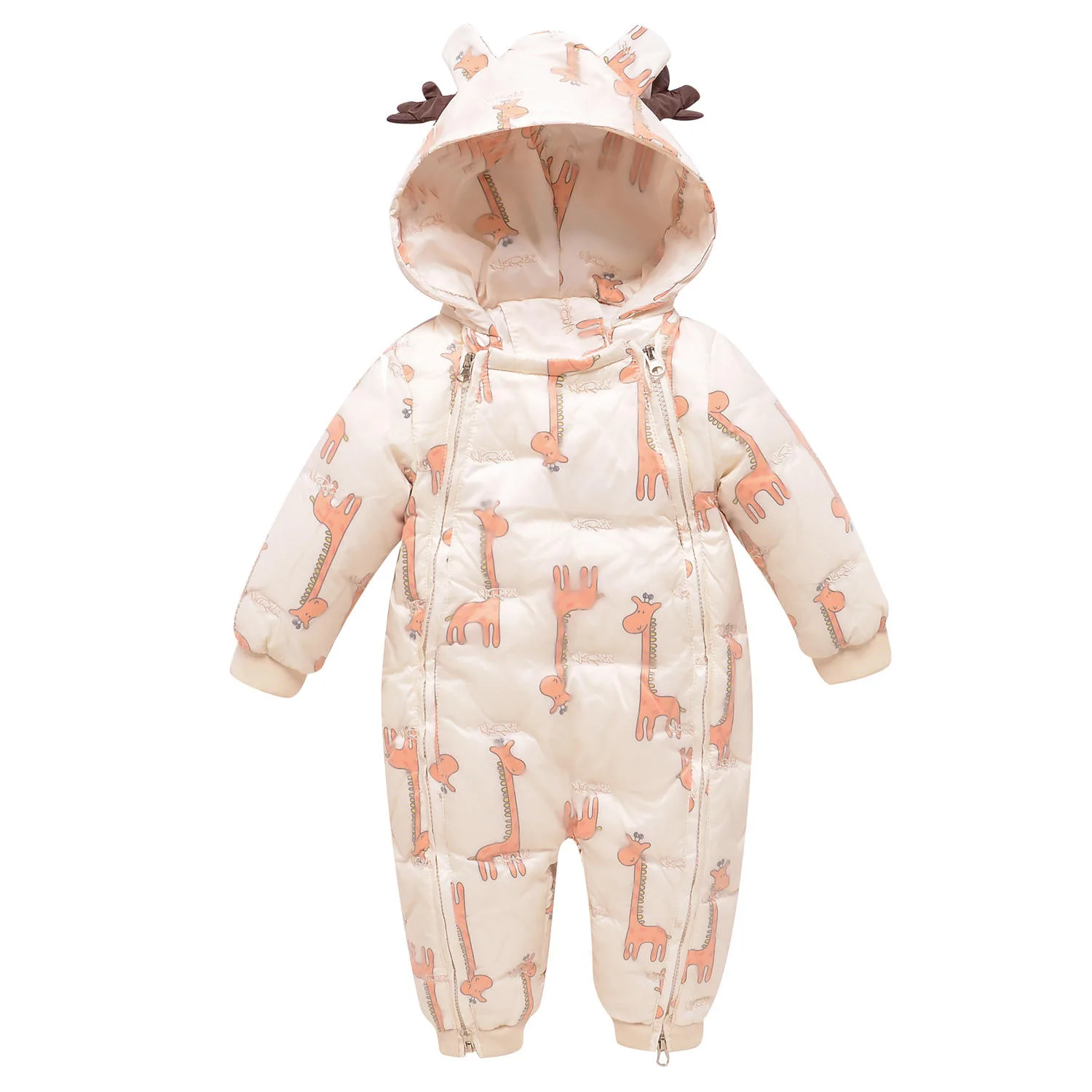 Baby down jumpsuit — Giraffe Print, front detail
