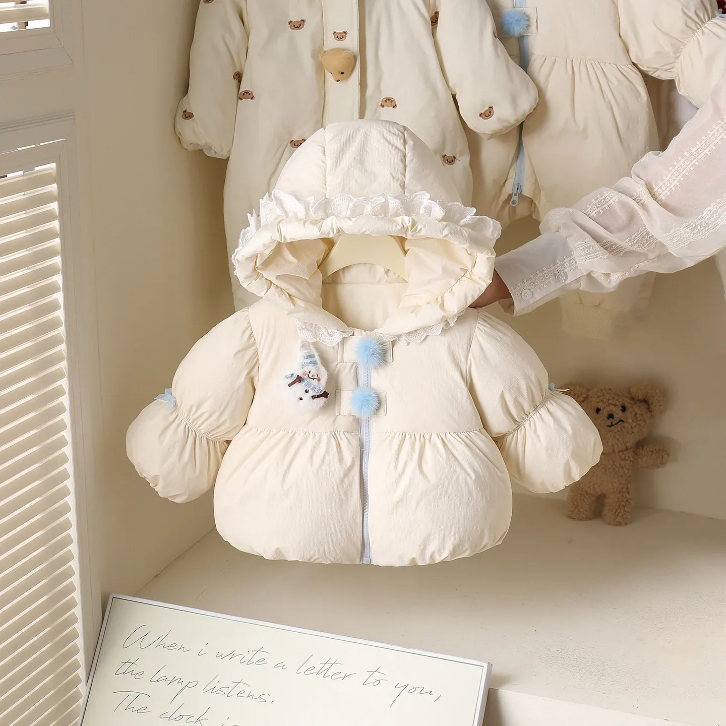 Baby Girls' Frill-Hood Down Coat — White, front, held