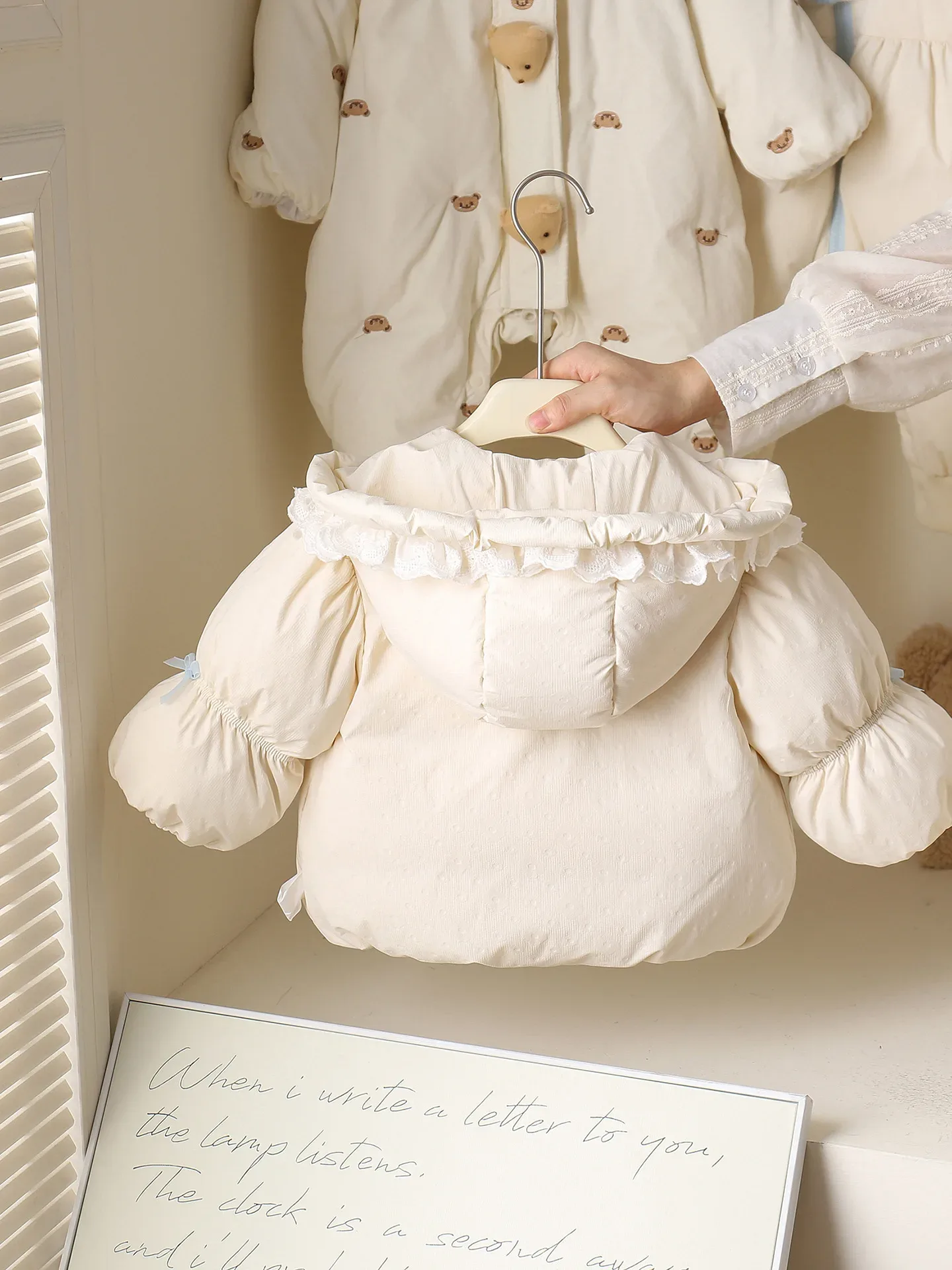Baby Girls' Frill-Hood Down Coat — White, back, held