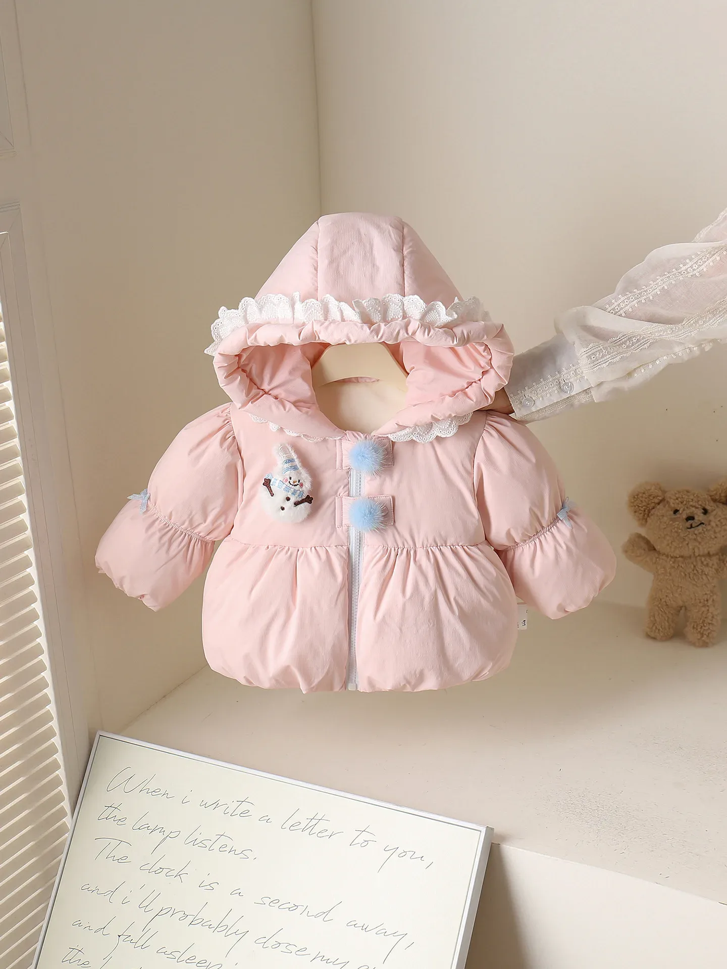 Baby Girls' Frill-Hood Down Coat — Pink, front, held