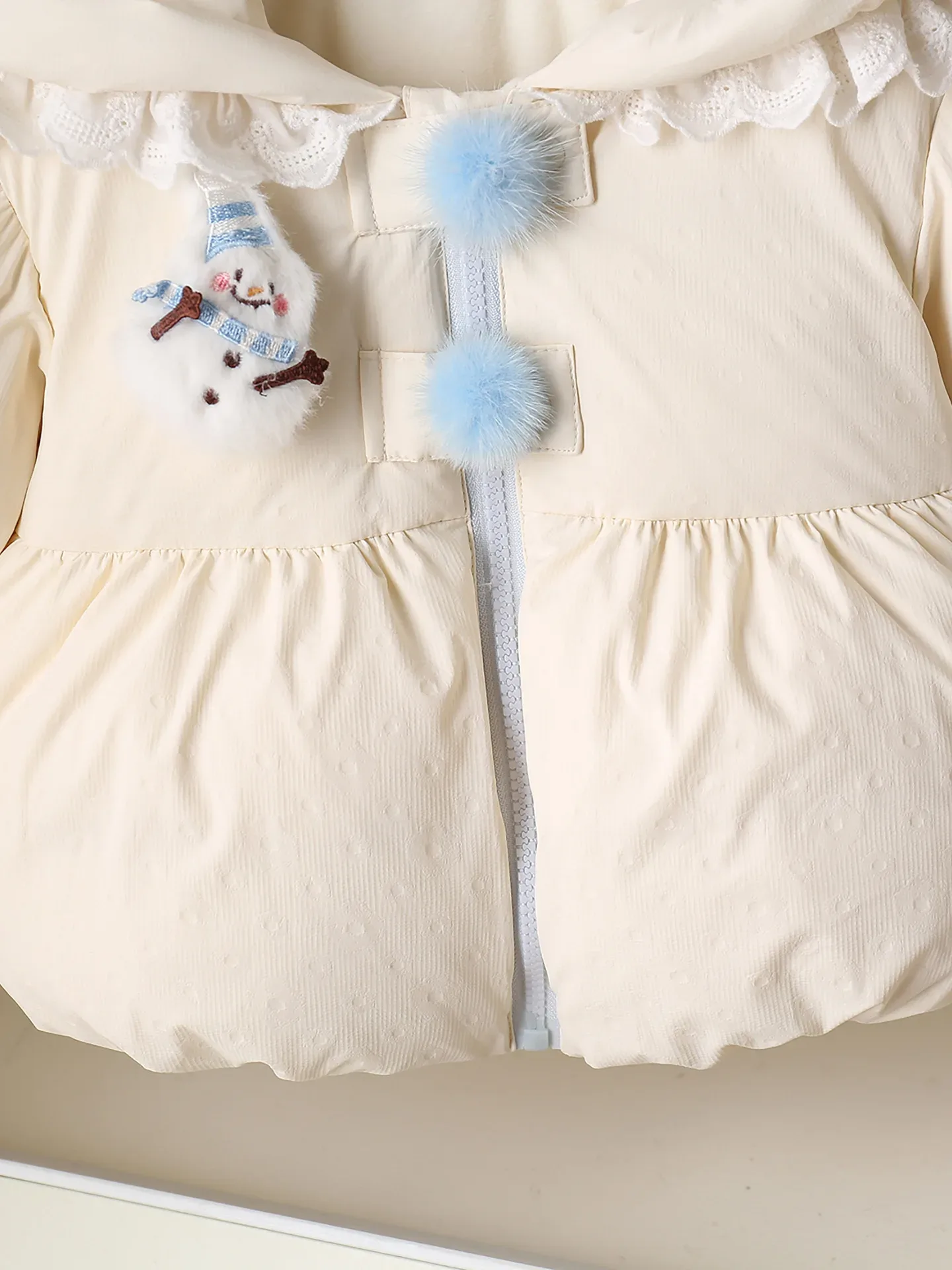 Baby Girls' Frill-Hood Down Coat — White, pom-pom toggle detail