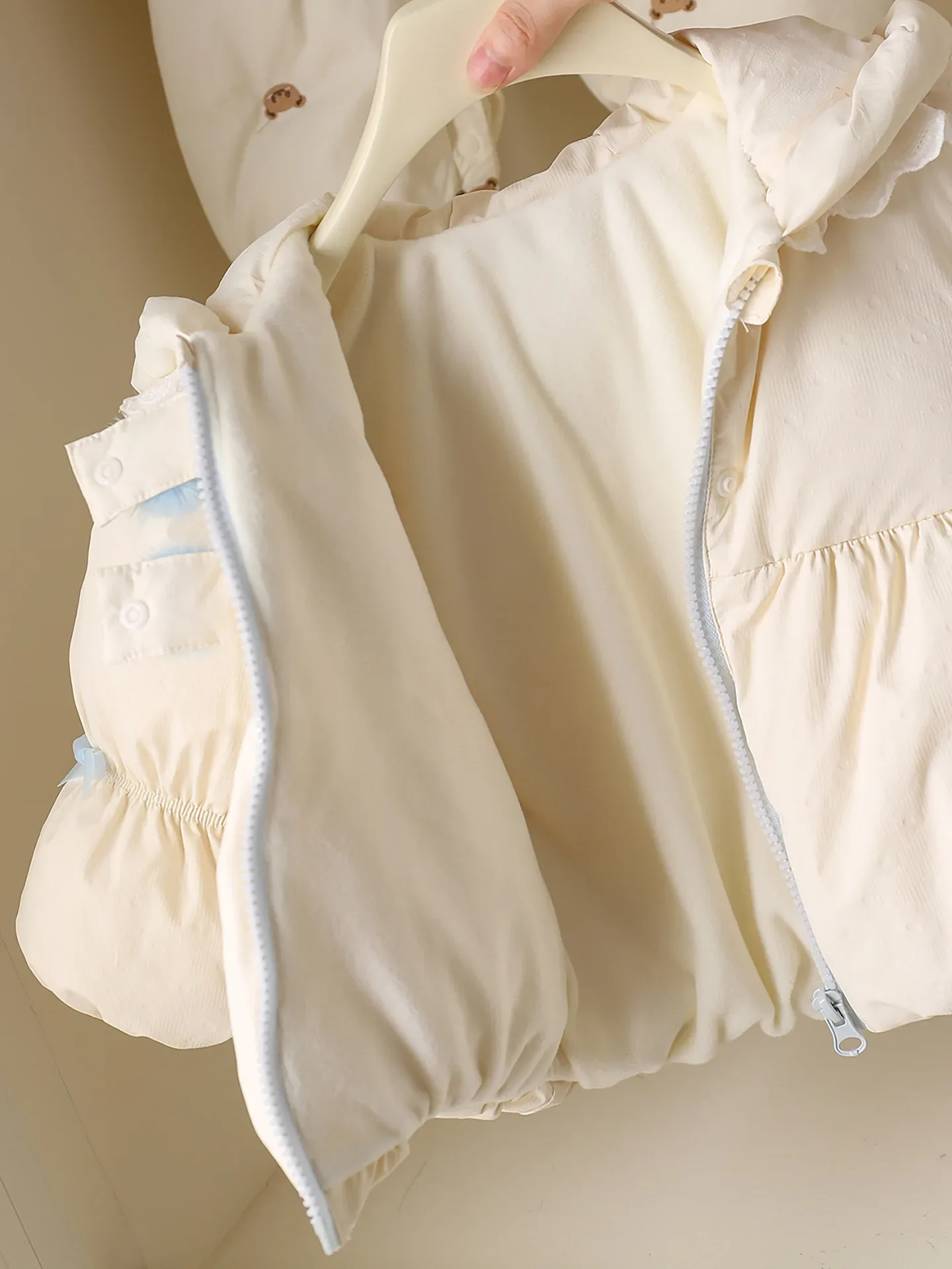 Baby Girls' Frill-Hood Down Coat — White, interior and cuff detail