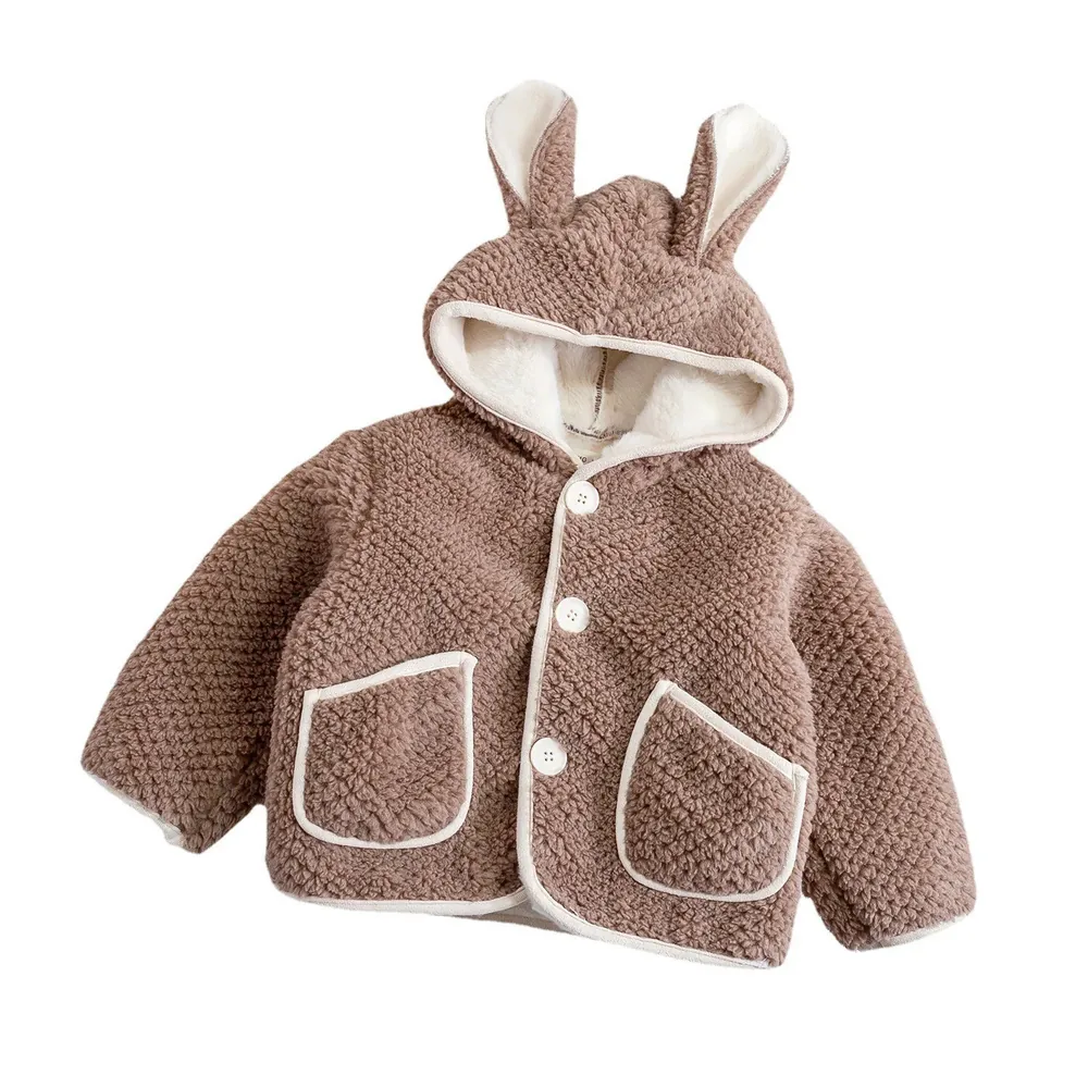 Baby Bunny-Ear Hooded Fleece Coat — 2 Colourways — Brown, front view