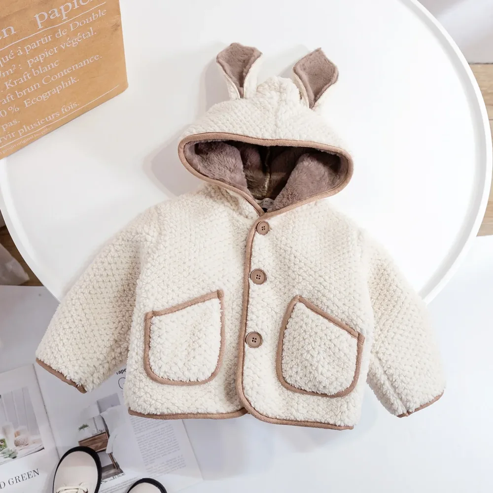 Baby Bunny-Ear Hooded Fleece Coat — 2 Colourways — Cream, front view