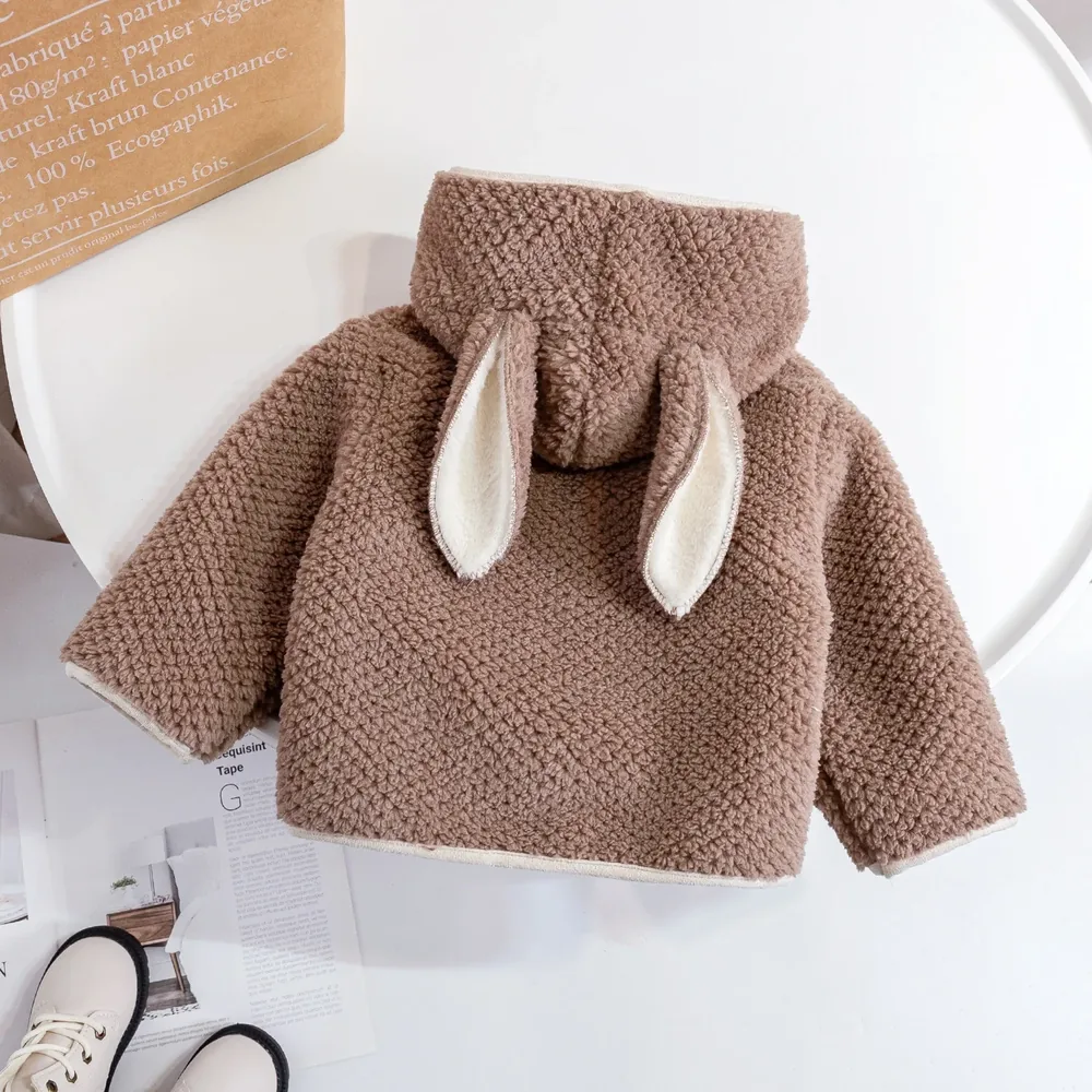 Baby Bunny-Ear Hooded Fleece Coat — 2 Colourways — Brown, back view with bunny ears
