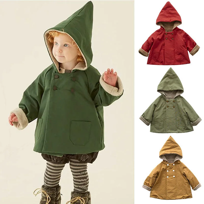 Baby Pointed-Hood Fleece-Lined Jacket — 3 Colourways — Green, worn front view